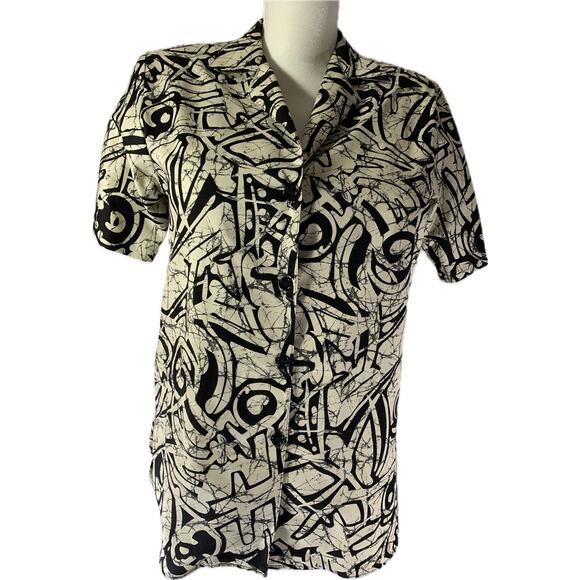 SB Sport Women's Blouse Black and Tan Print Short Sleeve Medium - Picture 1 of 7